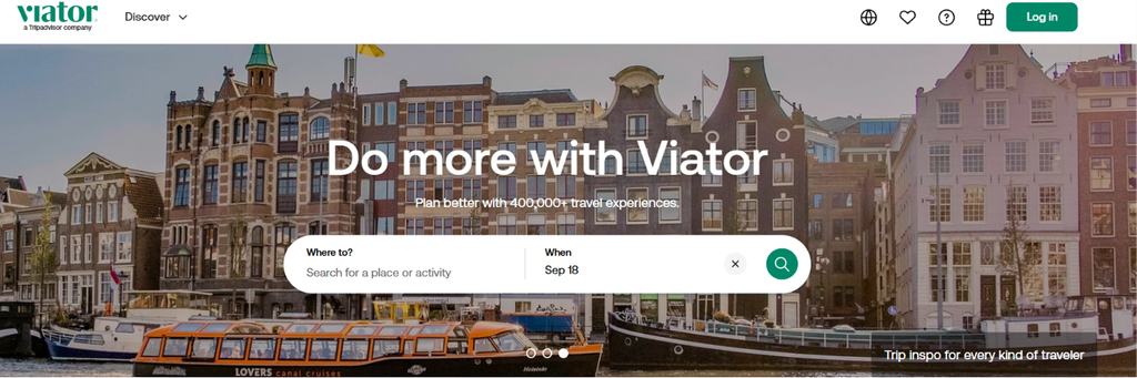 Viator Promo Code page showing travel & booking options
